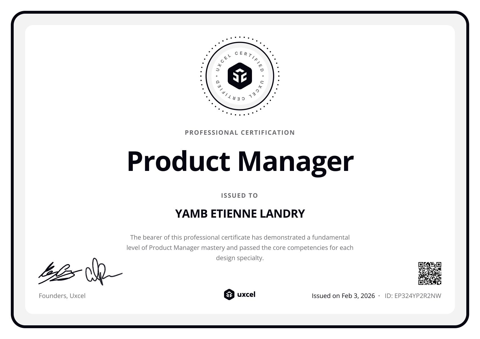 YAMB ETIENNE LANDRY's certificate